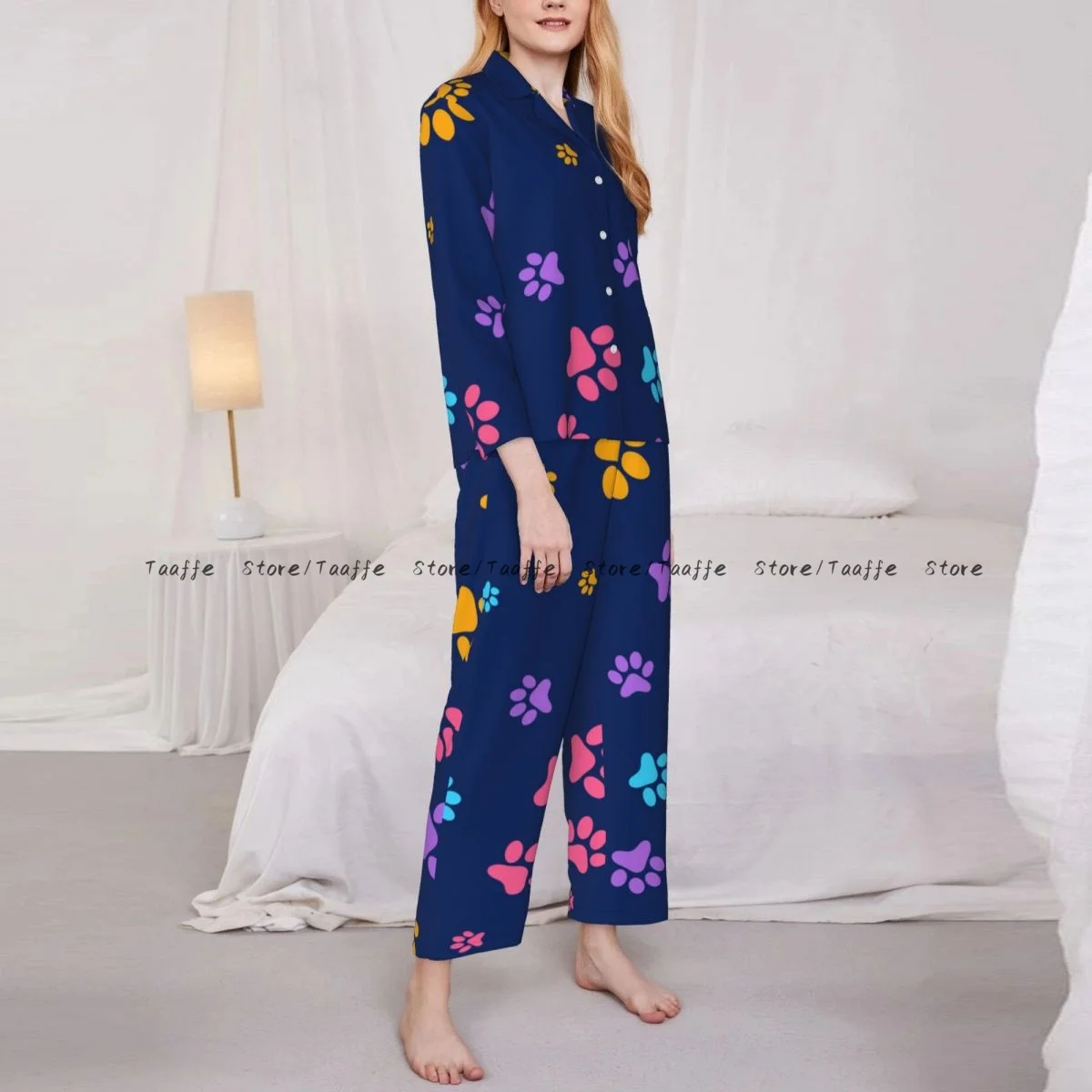 

Spring and Autumn Pajama Set Women's Long Sleeve Pants Two Piece Colorful Dog Cat Paw Printd Home Furnishing Set