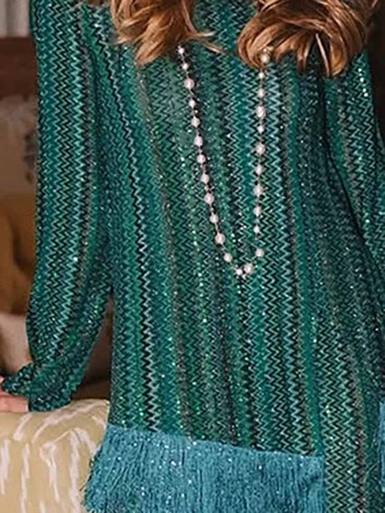 Women's Casual Long Sleeve Loose Vacation 2Pc Sets Elegant Stripes Printed Tassel Outfits Sexy V-neck Pullover Tops & Pant Suit