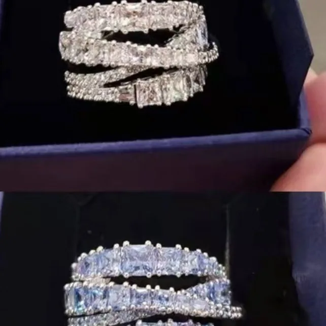 Luxury Ice Flower Full Zircon Ring Spiral Interweaved Design Stackable Finger Ring Fashion Party Jewelry For Ladies