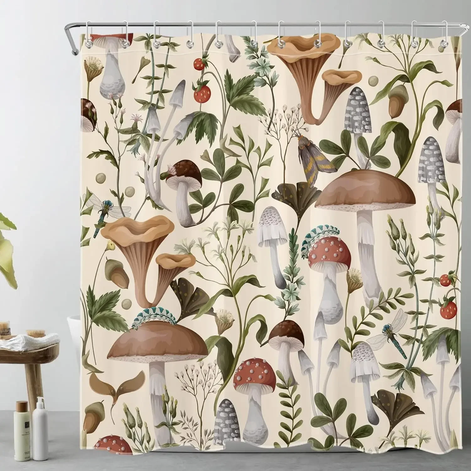 Vintage Mushroom Shower Curtain Bohemian Botanical Butterfly Wildlife Leaf Flower Polyester Fabric Bathroom Decor Curtains Set