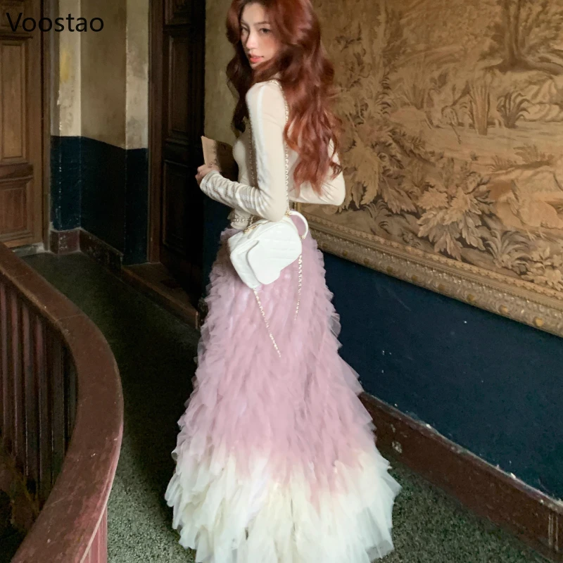 Moda feminina tule longo bolo saia cintura alta gaze rosa roxo gradiente babados saias doces elegante vestido de baile saias de festa