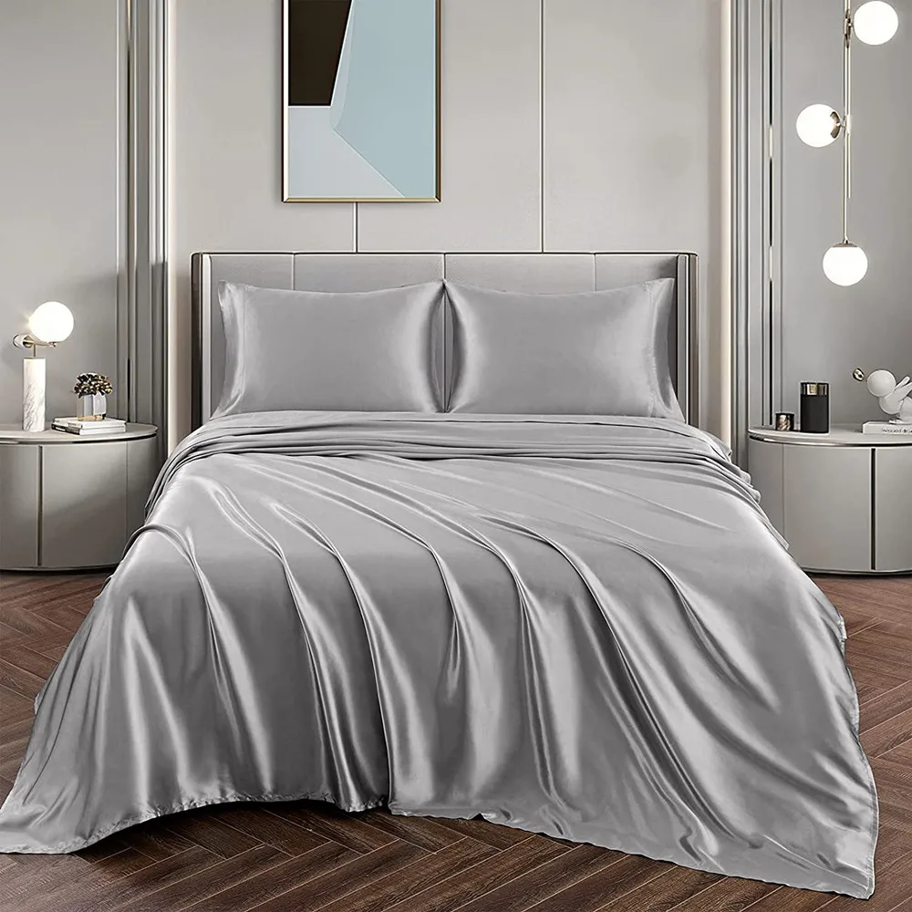 

LuxuryTribute Silk Fitted Bed Sheet King Size High-end Satin Double Flat Bed Sheet Set Smooth Elastic Band Bed Sheet Bedding Set