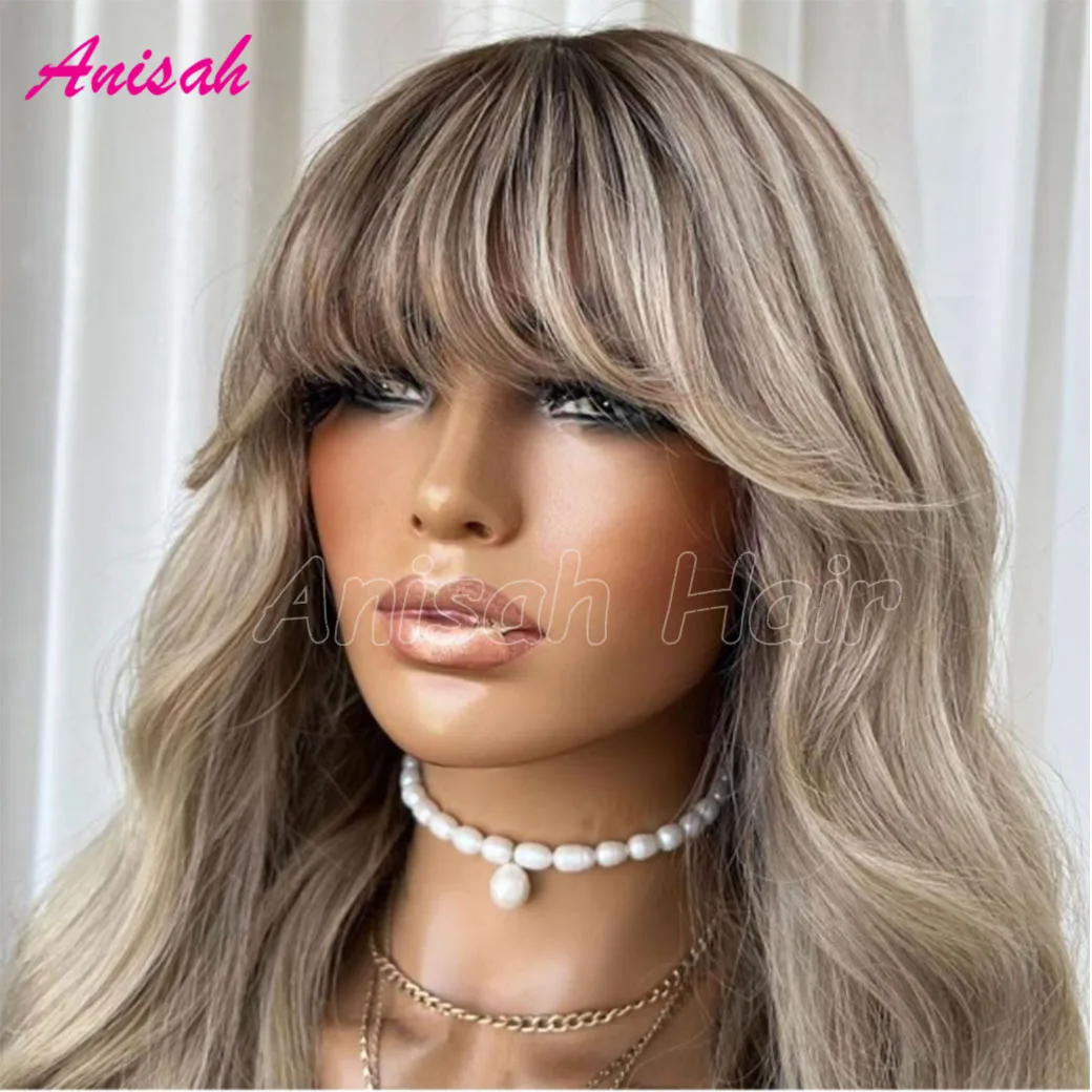 บราซิล Remy Hair Highlight ASH สีบลอนด์ Wavy Human Hair Wigs กับ Bangs สี 5x5 ปิดลูกไม้ Glueless วิกผมผมมนุษย์