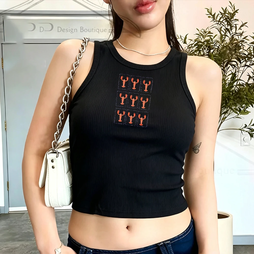 Women Ribbed Tank Top Camisole Crop Y2K Top Grid Red Lobster Stamp Pattern Print Sleeveless Slim Fit Cropped Camisole Seafood