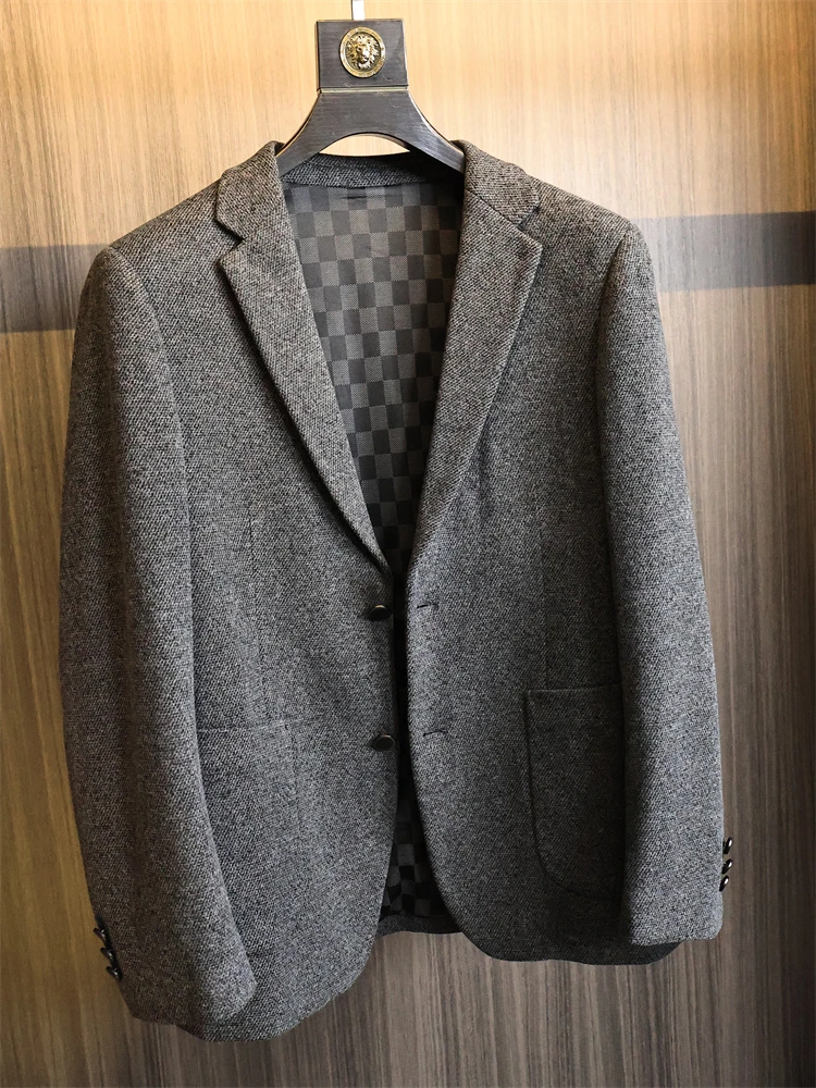 

High-End Casual Woolen Suit Men's Knitted Silk Lyocell Wool Plain Collar Autumn Winter Grey Floral Fashion Urban Style Coat