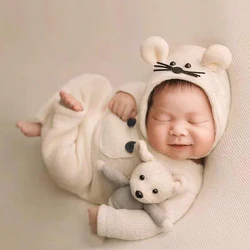 Ylsteed 3Pcs Set Newborn Photography Outfits Cute Baby Jumpsuit Bodysuit with Mouse Hat and Doll Infant Photoshoot Props