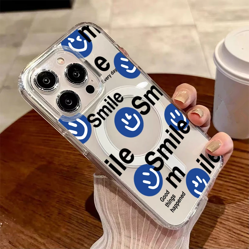 

English Blue Joyful Face Magnetic Wireless Charge Phone Case for Samsung S25 S24 Ultra S23 S22 Plus S21 S24 FE 5G Clear Cover