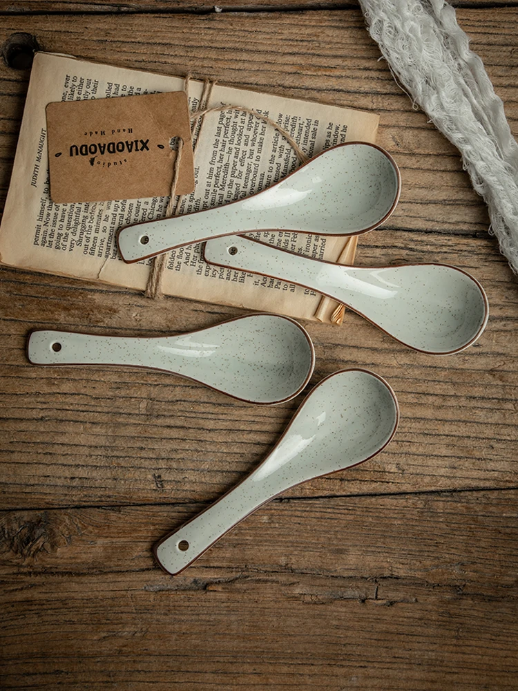 Blue Rain Vintage Ceramic Spoon Short Handle Soup Spoon Tableware