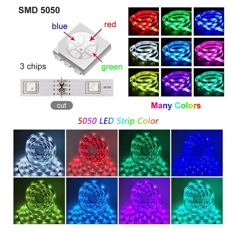 Taśma LED RGB 5050 Synchronizacja muzyki Zmiana koloru Światła LED Sterowanie aplikacją DC12V Elastyczna taśma lampowa do wystroju pokoju z wtyczką EU