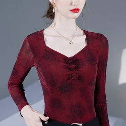 M-4XL Autumn 2025 New Fashion Rose Print Women's Tops Elegant Slim High Stretch Square Collar Long Sleeved Mesh T-Shirt