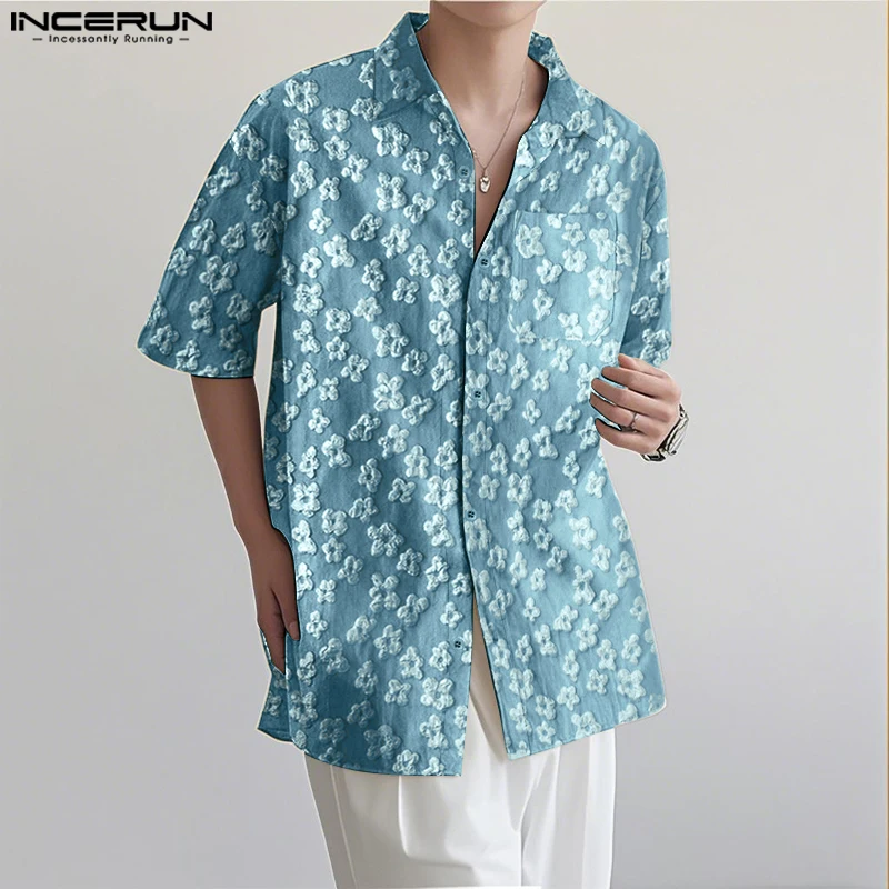 

INCERUN Men Shirt Flower Jacquard Loose Korean Style Lapel Short Sleeve Men Clothing Streetwear 2026 Fashion Casual Shirts S-5XL