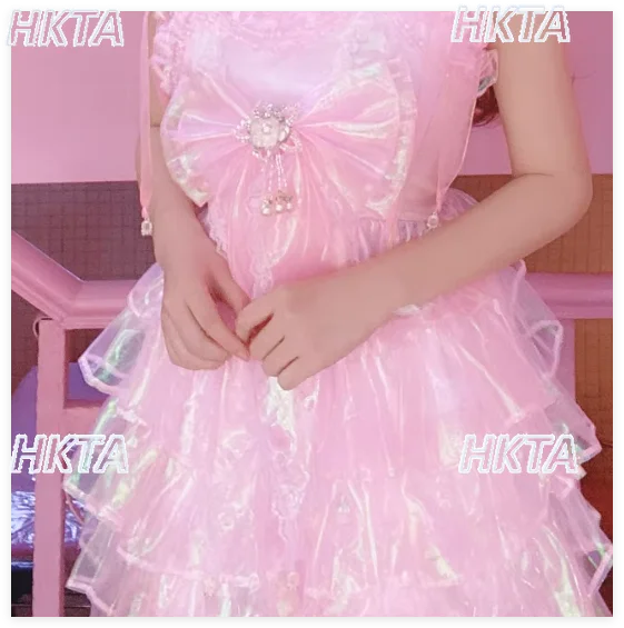 

Japanese Style New Fairy Sweet Kawaii Lolita Dress Sparkling Big Bows Suspender Dress Women Summer New Short Pleated Dress