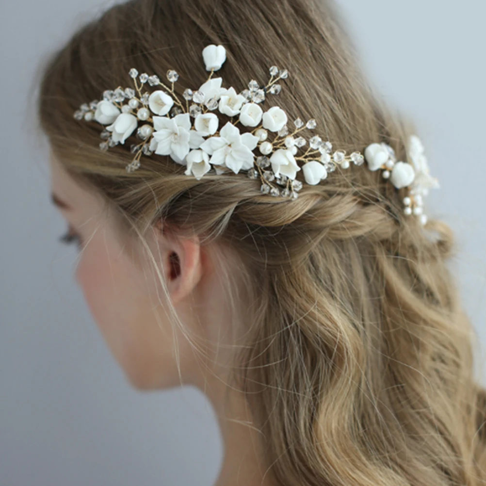 

Beautiful Bridal Hair Comb Pearl Crystal Beads White Flower Design Handmade Wedding Headpiece Jewelry For Bride Bridesmaid