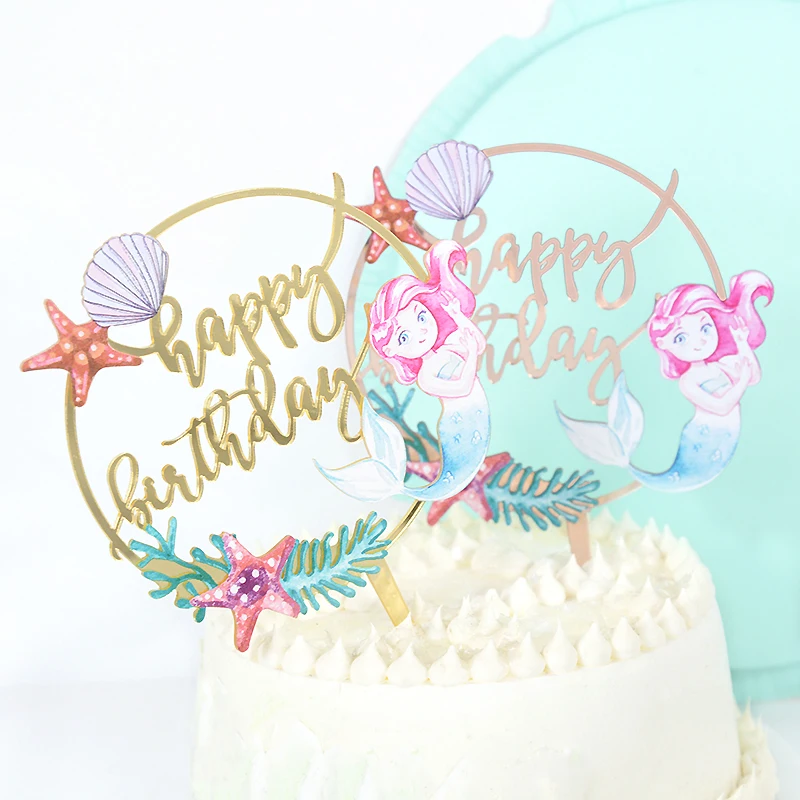 1pc Acrylic Happy Birthday Cake Insert Card Marine Mermaid Starfish Letter Cake Toppers Birthday Party Bake Decoration Supplies