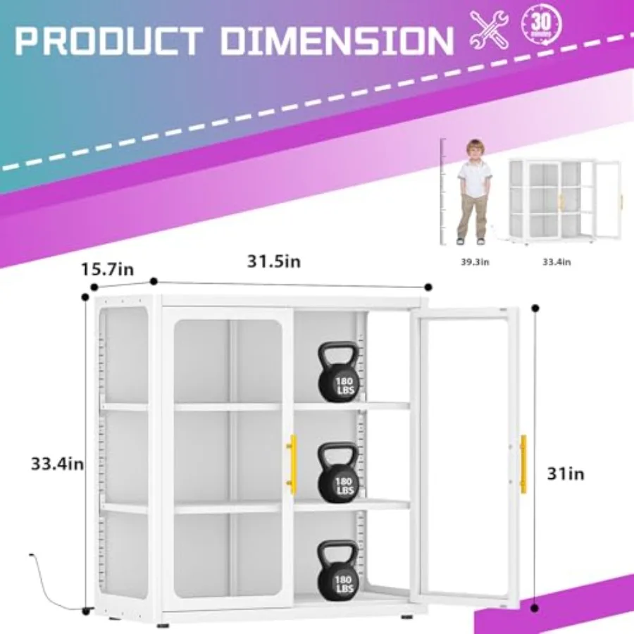 34 Display Cabinet with Glass Doors for Collectibles, White Curio Cabinet with Color Lights, Glass Display Case and Bookcase wi