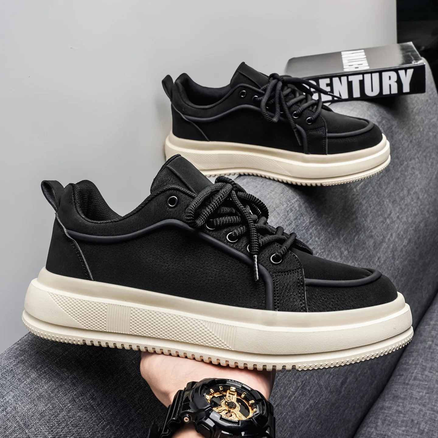 

Men Outdoor Thick-Sole Lift Sneakers Spring/Autumn Cowhide Casual Shoes Hidden 4cm Height Increase Anti-Slip Durable Sports