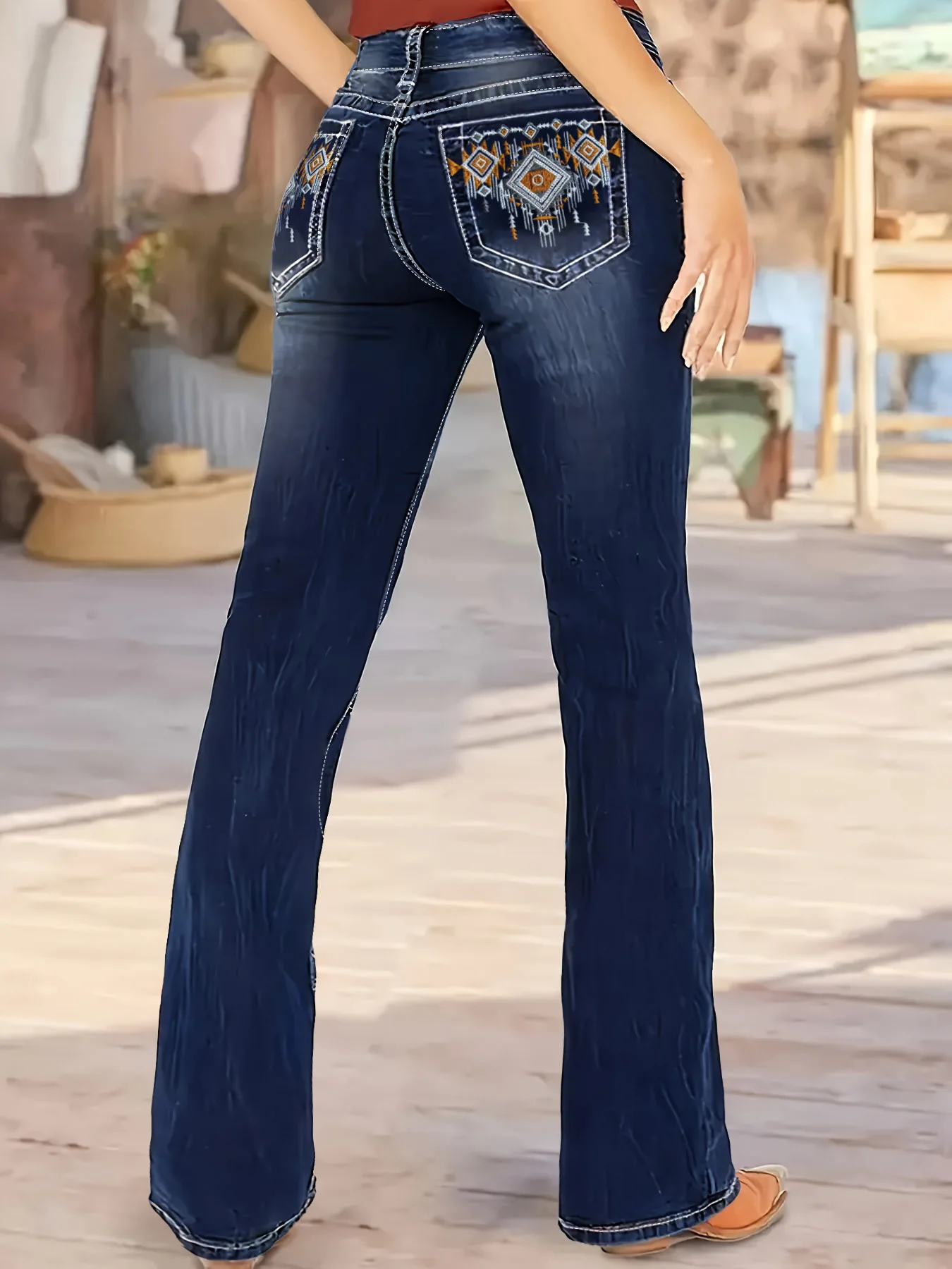 

Plus Size High Waist Bell Bottom Jeans Women's Curvy Slim Bohemian Style Denim Pants Lengthening Leg Effect