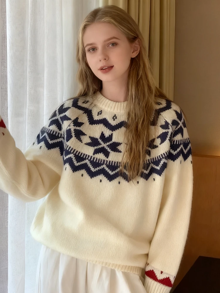 

Chic Autumn Winter Printing Pullovers Knitted Cozy Sweater Women Casual Loose Long Sleeve Nordic Vintage Casual Fashion Clothes