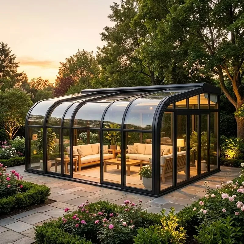 Panoramic Tempered Glass Sunroom Modular Aluminium Canopy With UV Protection Easy DIY Assembly For Villa Rooftop Lounge