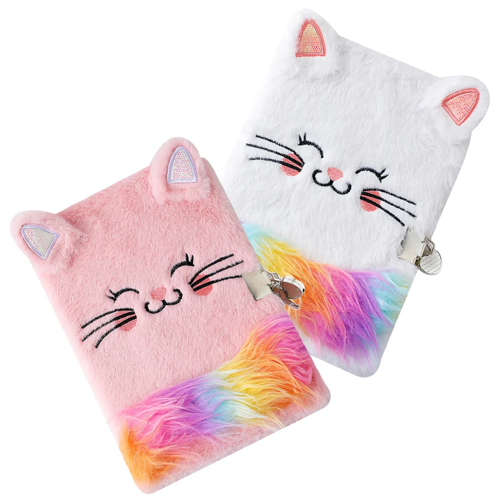 2 Pcs Mi Note Notebook Cat Lockable Plush Workbook The Cartoon Notebooks Fluffy Cover Diary with