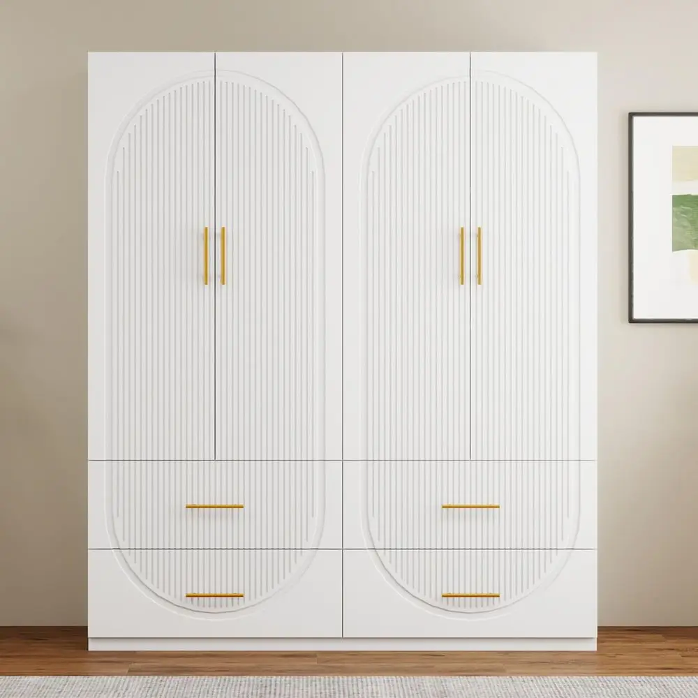 

Wardrobe Closet with Doors, 4 Drawers, Hanging Rods, Metal Handles, Large Capacity, Modern Minimalist Design, Textured FinishId