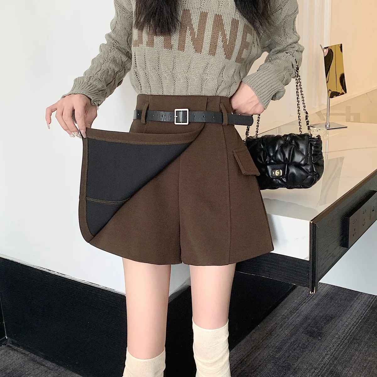 Woolen Irregular Shorts Women Casual Elegant Autumn Clothing Шорты Женский Winter Clothes Solid Minimalist Harajuku Retro Chic