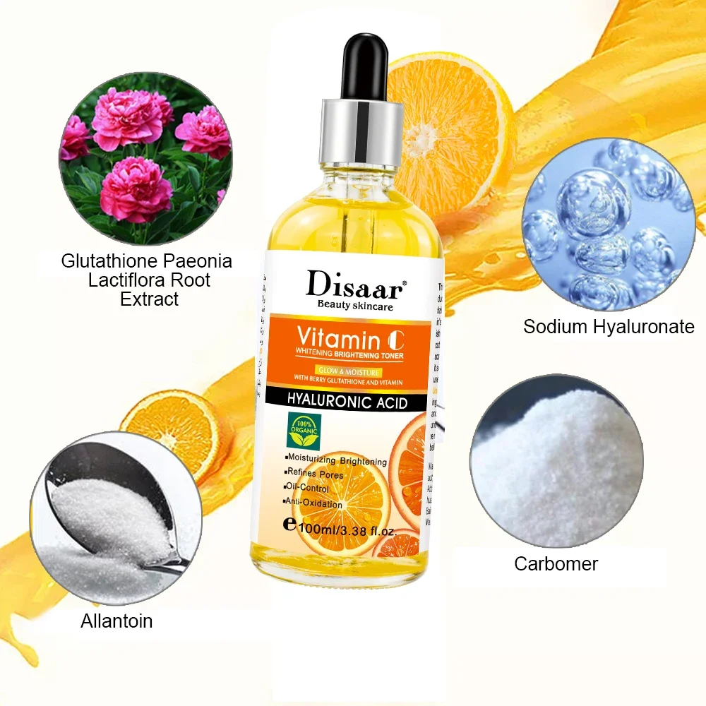 Disaar Vitamin C 100ml Face Toner Long Lasting Moisturizing Improve Roughness Lighten Spots Hyaluronic Acid Facial Essence