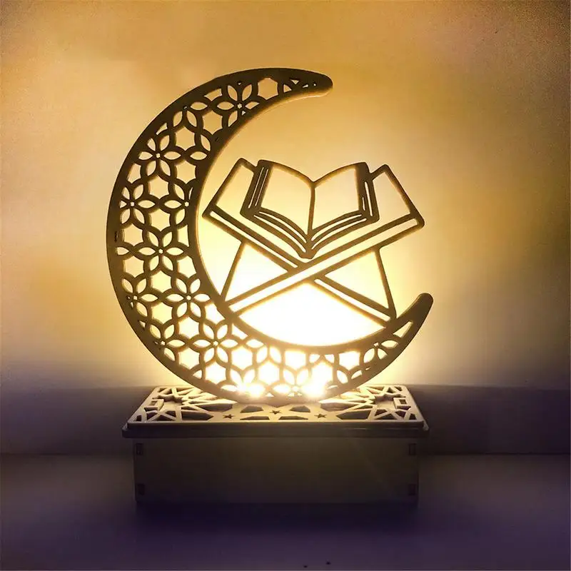 2023 Ramadan Wooden Eid Mubarak Ornaments LED Mubarak Eid Plates Square Crescent Craft For Muslim Festival Party Table Decor