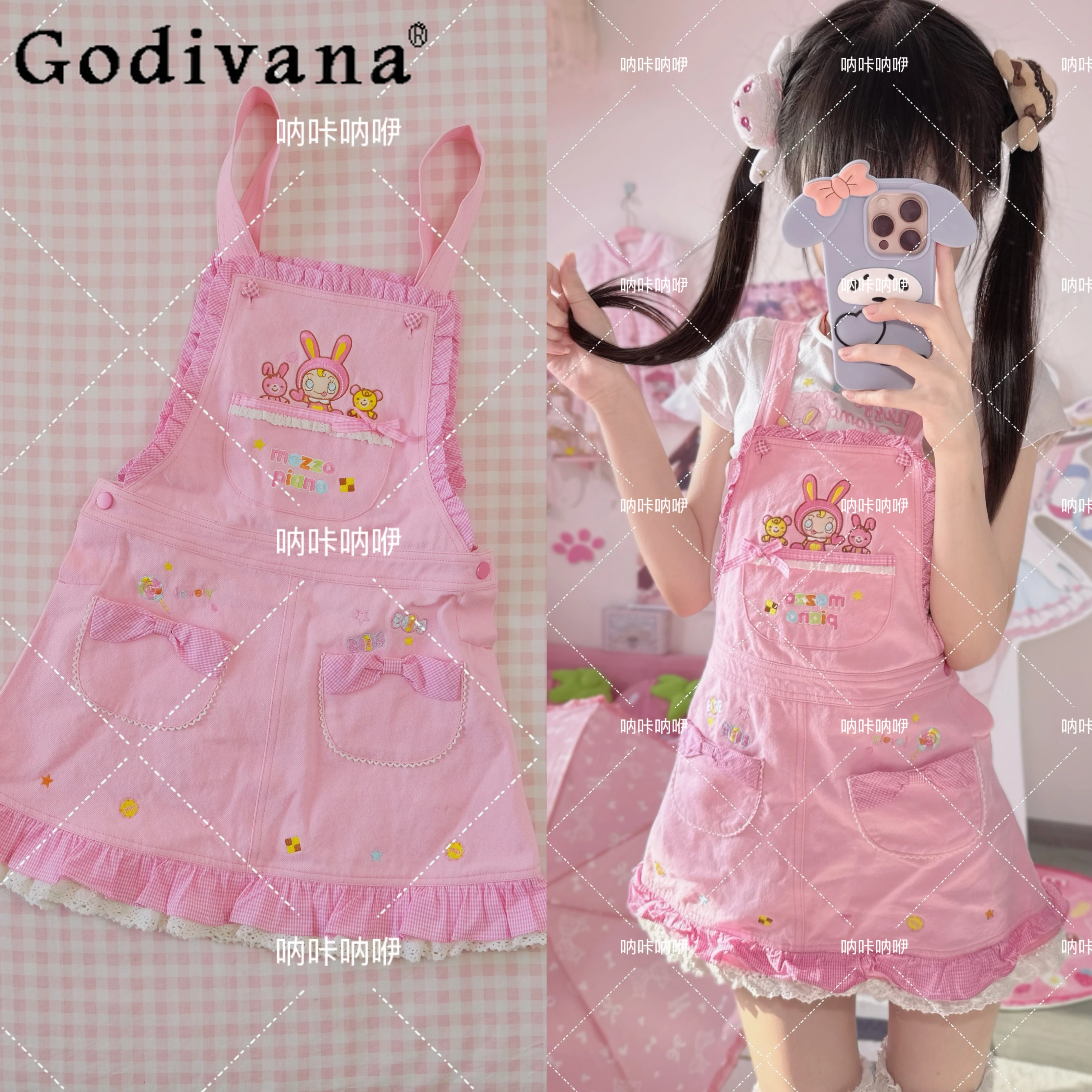 

Japanese Kawaii Girls Pink Strap Dress Summer New Cute Cartoon Embroidered Cotton Short Dress Women Daughter Student Y2k Dress