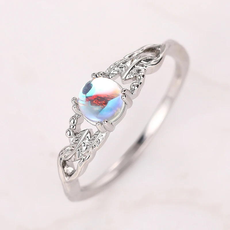 Huitan Round Moonstone Silver Color Ring for Female Graceful Engagement Jewelry Women Wedding Bands Aesthetic Finger Accessories