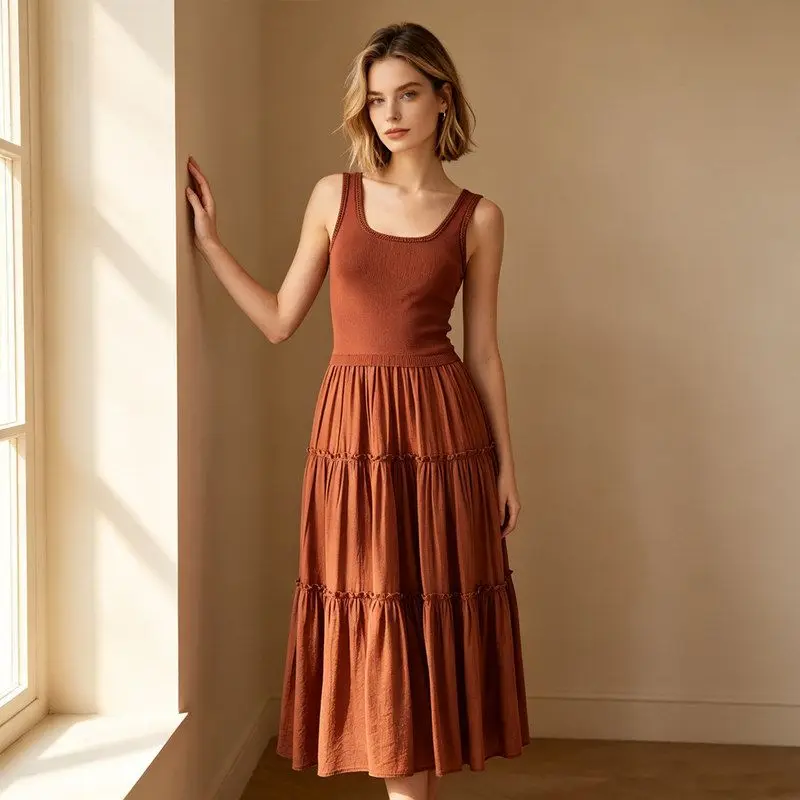 Retro Caramel Knitted Splice Wrap Dress Elegant A-Line Waist-Cinching Commute Friendly Women's Summer Fashion Dress
