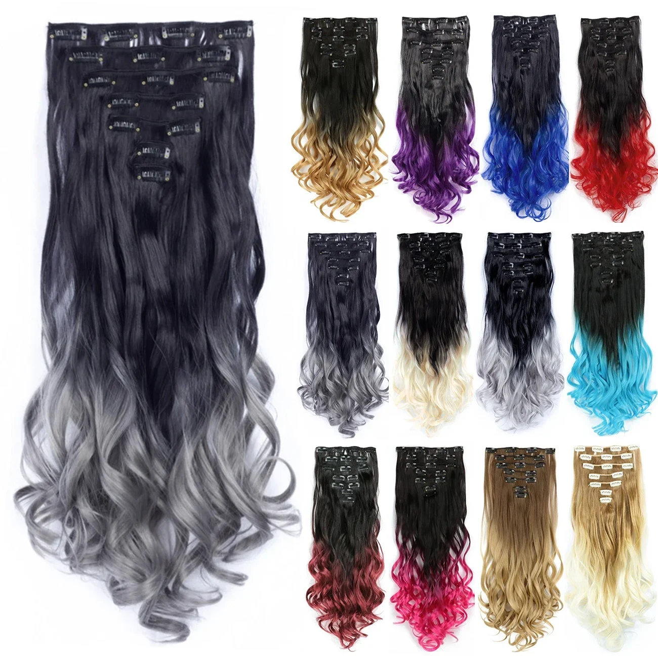 

Curly Synthetic Black to Grey Clip in Hair Extensions Full Head Hair Pieces for Women Postiche Natural Hair Clip Ins