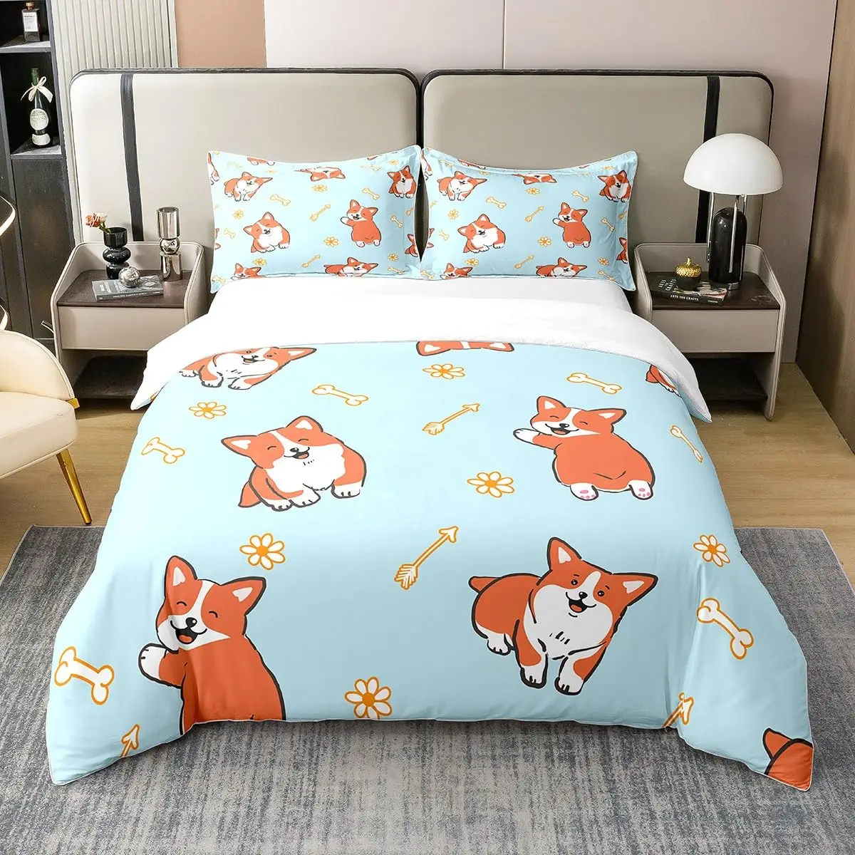 

Cute Dog Duvet Cover Set, Dog Corgi Animal Funny Decorative 3 Piece Bedding Set with 2 Pillow Sham, Twin Full Queen King Size