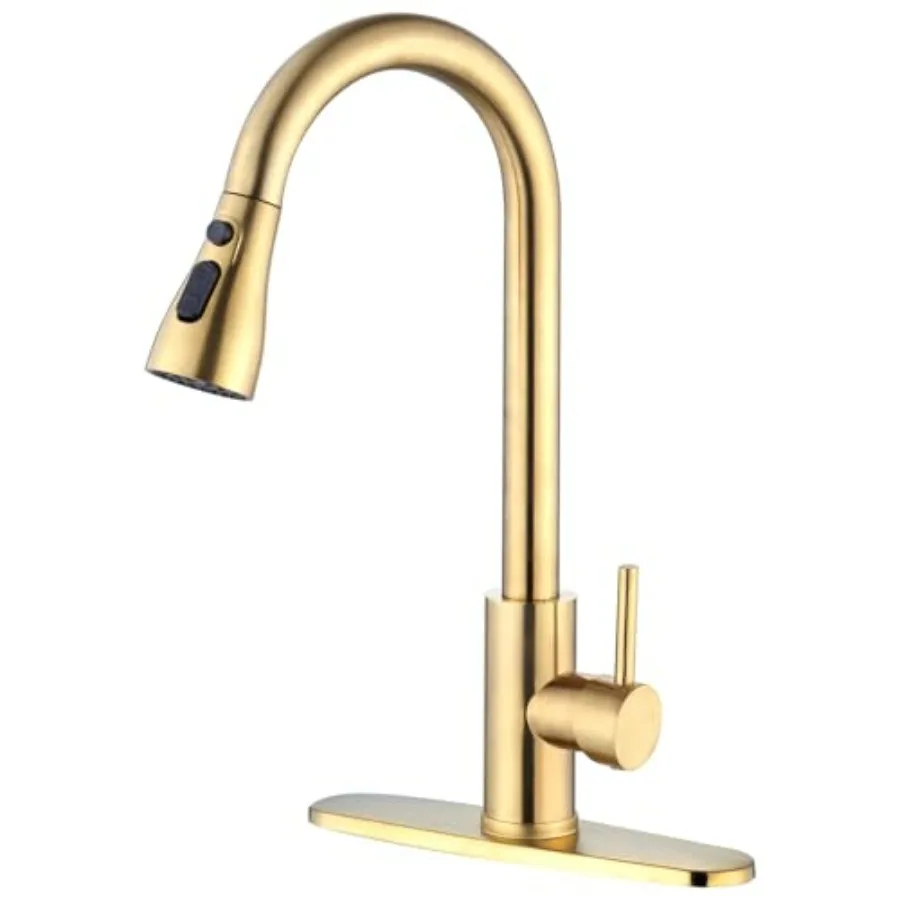 

Brushed Gold Kitchen Faucet with Pull Down Sprayer High Arc Single Hole Stainless Steel Kitchen Sink Faucet 3-Function Sprayer