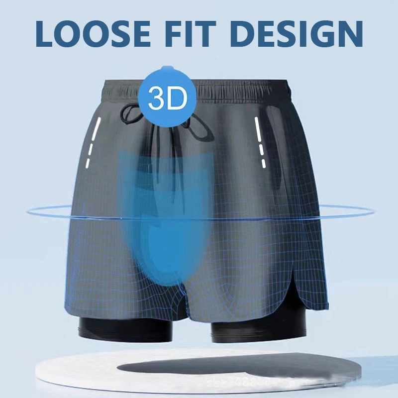 Hot selling men's sports double-layer swimming trunks loose oversized flat angle anti awkward running and fitness swimming trunk