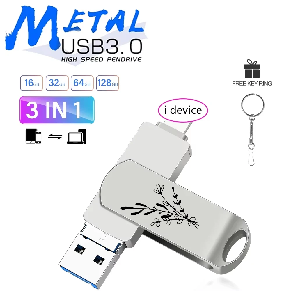 For Laptop Rotate Usb 3.0 Flash Drive 8GB 16GB with 3 in 1 Pen Drive TYPE-C To Lightning Interface 32GB Pendrive 11/12/13/14 PC