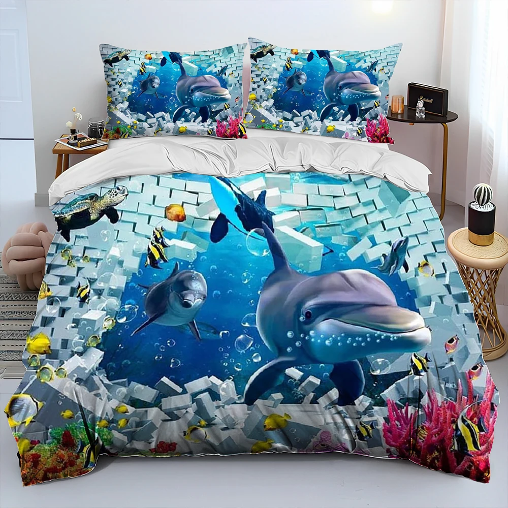 

3D Seabed Illusion Underwater World Dolphin Comforter Bedding Set,Duvet Cover Bed Set Quilt Cover Pillowcase,Queen Bedding Set