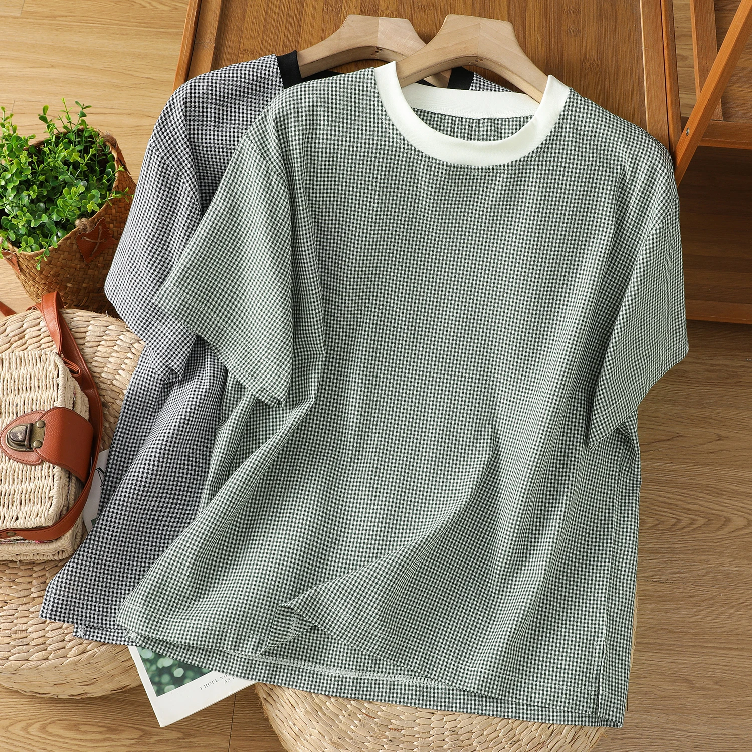 

High-End Women's Plaid Cotton Linen Base T-Shirt Spring Summer New Style Comfortable round Neck Long Sleeve Commute Fashion