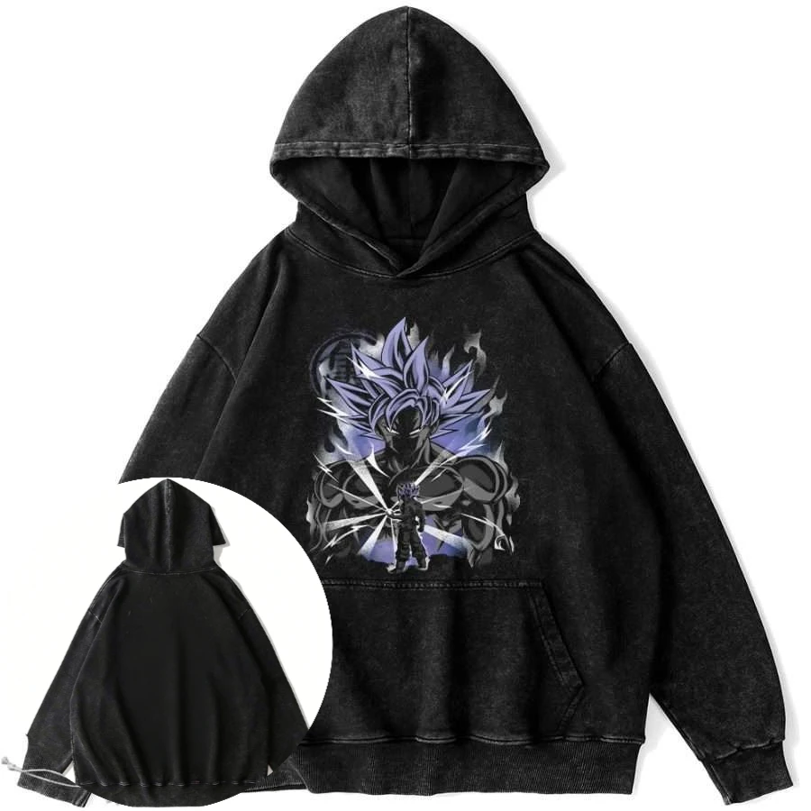 Men's Dragon Ball Z Washed Cotton Hoodie with Anime Character Goku Super Saiyan Purple Hair and Dynamic Aura Back Print Casual