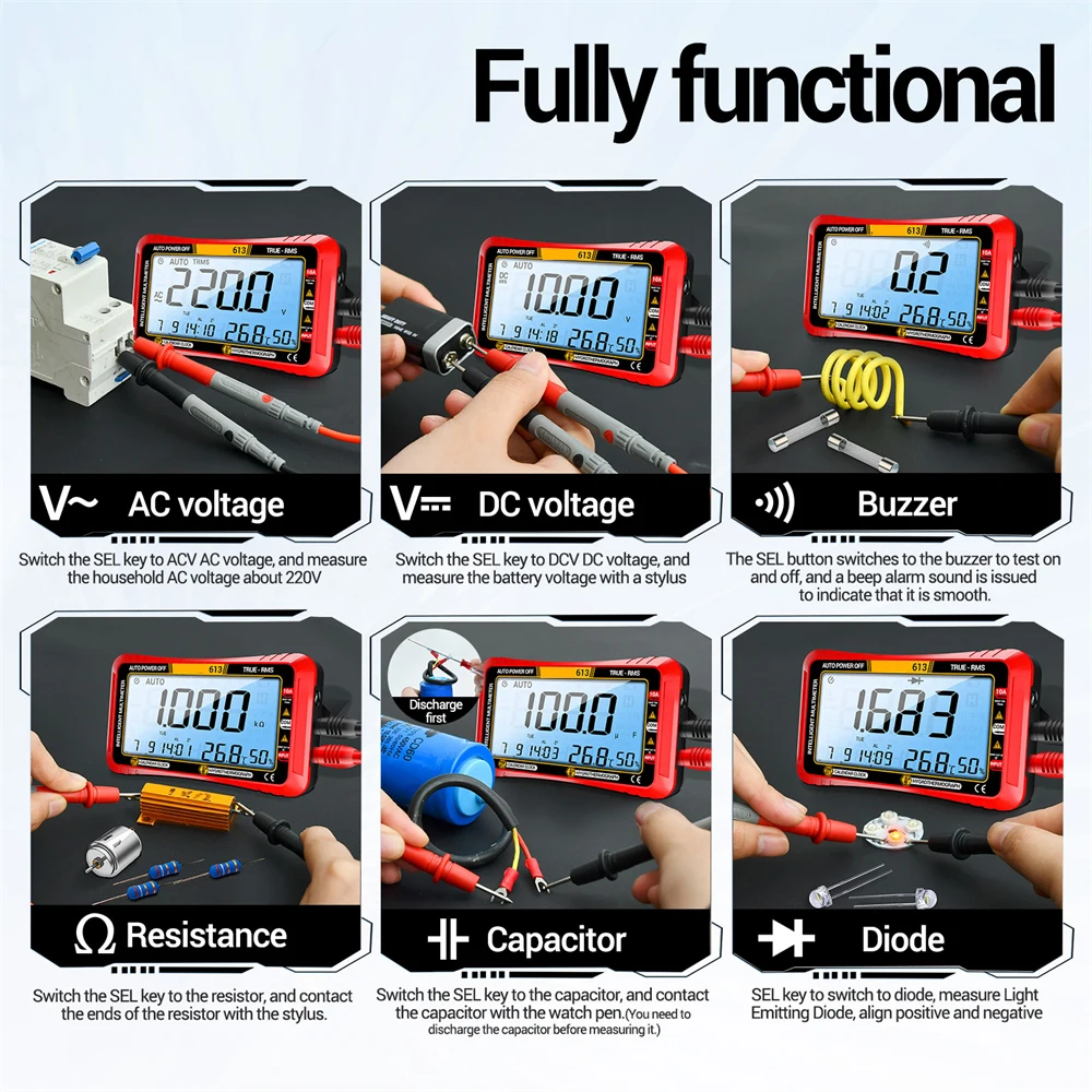 Imagem -02 - Multifuncional Instrumento Multímetro com Calendário Medidor de Temperatura e Umidade Display Digital Totalmente Inteligente em 600v 10a