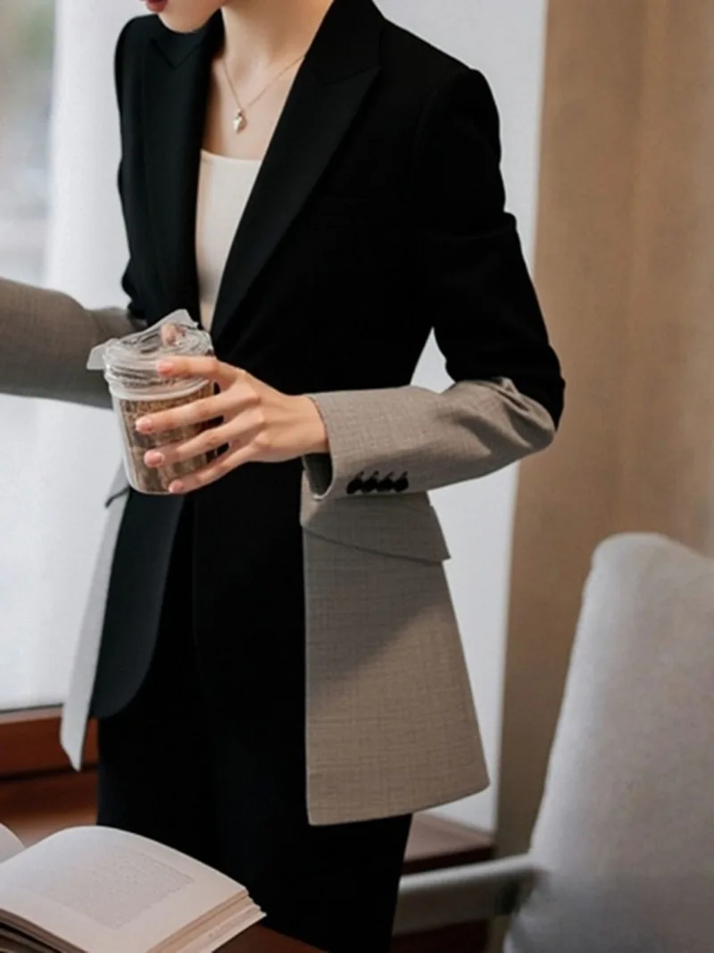 موضة جديدة التباين اللون الخريف معطف المرأة الراقية أنيقة طويلة الأكمام الصغيرة عبق بلون سترة مكتب سيدة الأعلى #2