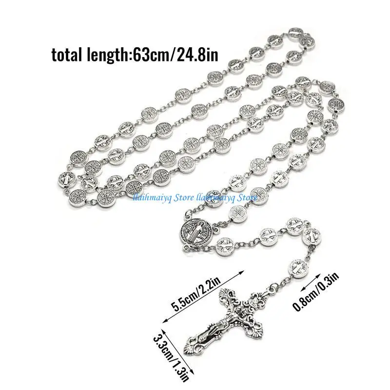 سلسلة مسبحة صلاة معدنية فضية 573B، هدية مجوهرات مسيحية سانت بنديكت للرجال