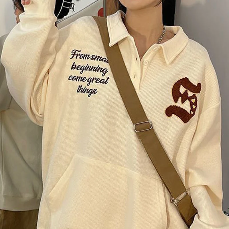 Women American Retro Polo Collar Letter Embroidery Harajuku Streetwear Oversized Sweatshirt Y2K Female Long Sleeve Pullover Tops