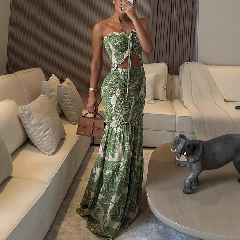 الجوف خارج المرقعة فستان مثير الرباط مطوي قطع الكشكشة طباعة سليم صالح أنيقة السيدات المرأة الصيف فستان الحفلات الأنيقة