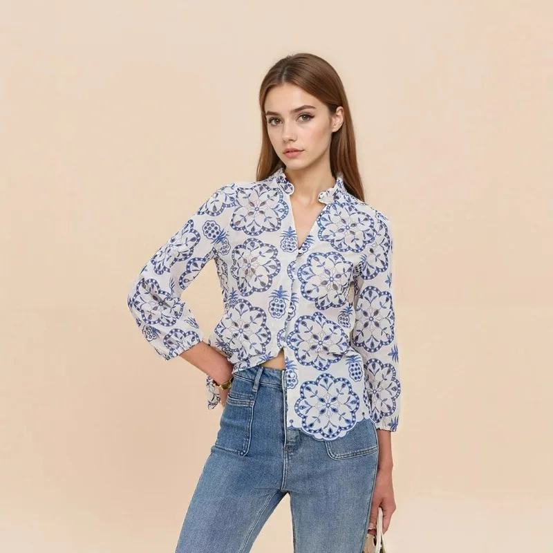

European and American Fashion Women's Clothing Blue White Patterned Stand-up Collar Button Top Nine-quarter Sleeve Casual Shirt