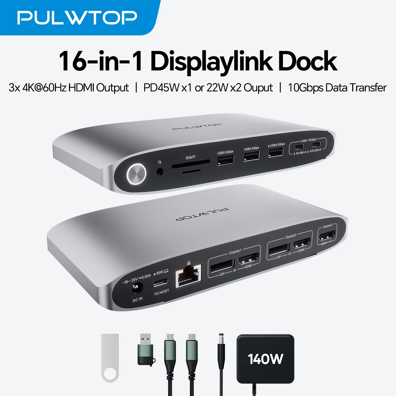 PULWTOP DisplayLink Docking Station Triple Monitor with 140 W Power Supply, USB C Dock with 3 HDMI & 2 DP, USBA/C Ports