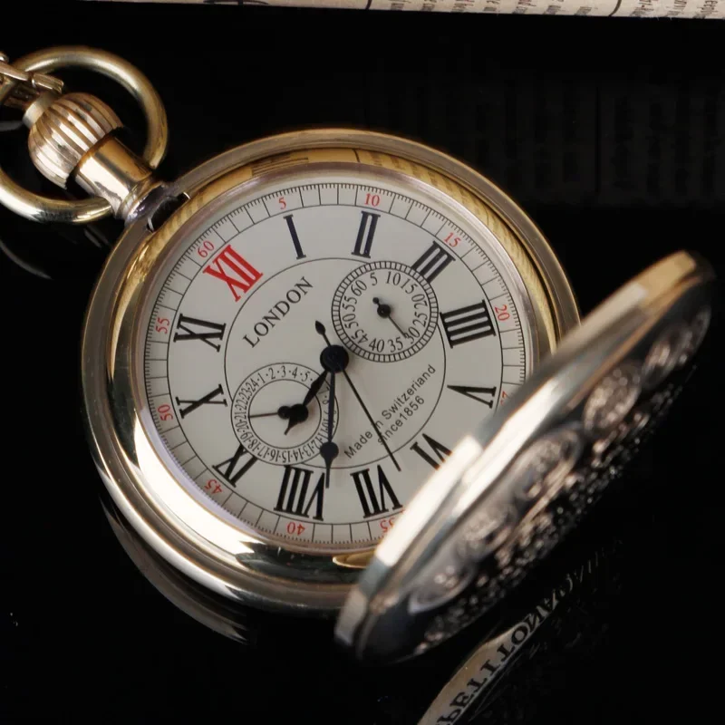 

High Quality Luxury Golden Hand Wind Mechanical Pocket Watch Roman Number Dial Pendant Chain Fob Watch