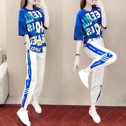 Women Sports Two Piece Set 2024 New Summer Fashionable Korean Loose Short Sleeved High End Running Suit Lady Pants Two-Piece Set