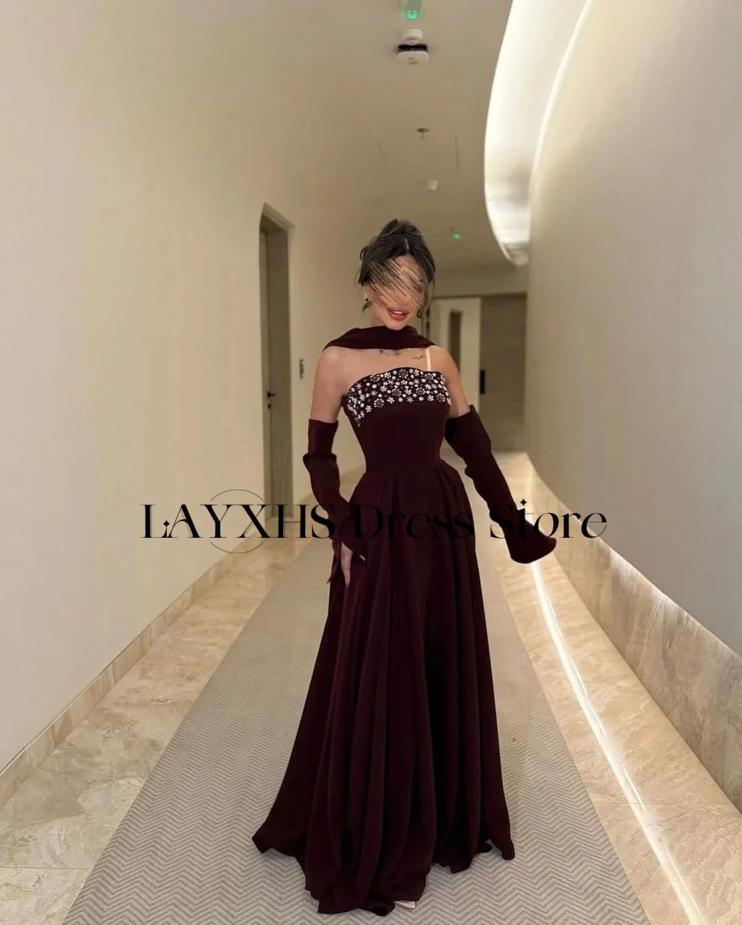 LAYXHS Luxury Dark Red Strapless Evening Dresses A-Line Beaded Floor-Lenght Pleat Prom Dresses Customized فساتين سهره
