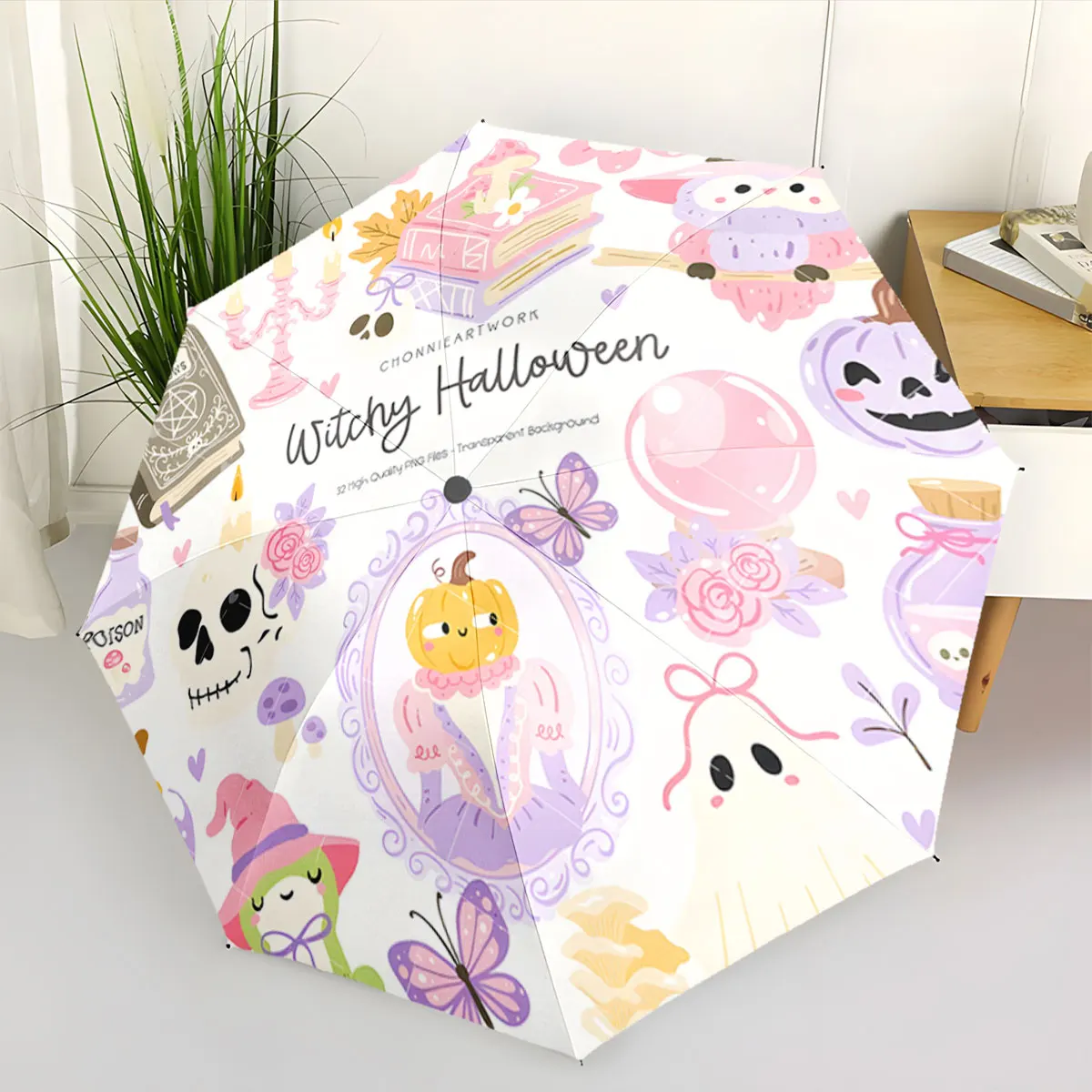 1PC Whimsical Halloween Umbrella with Cute Graphics Print 8 Iron Ribs Folding Umbrella Auto-Open Fashion Sunshade
